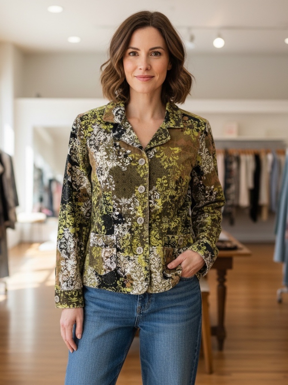 Christopher & Banks Olive Multi Floral-Print Velvet Button Jacket